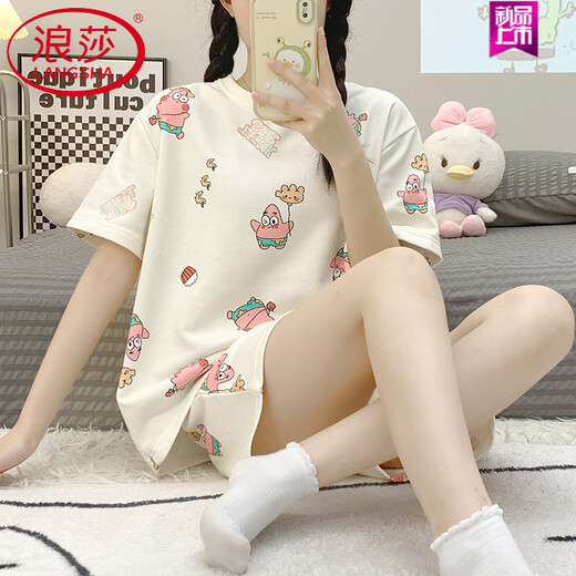 浪莎（LangSha）2025新款睡衣女夏季短袖小个子两件套装韩版套头学生家居服春夏天 1049 M 【建议体重75-95斤】