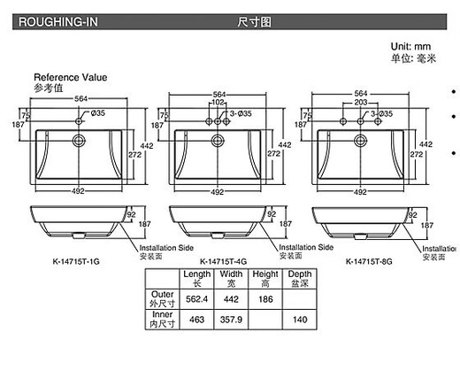 
2025 new Kohler K-14715T-1G4G8G-0 Paramond Semi-embedded washbasin K-14715T-1G-0-Single hole