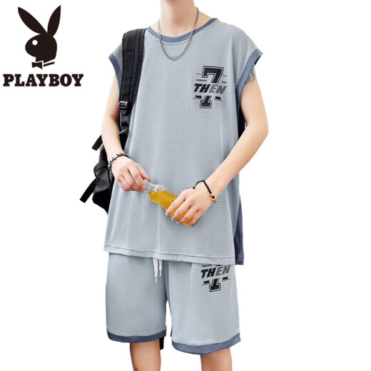 花花公子（PLAYBOY）冰丝无袖t恤男孩12-15岁青少年学生速干篮球服13大童背心运动套装 6636深灰(背心+短裤) 品质保证 3XL 160-180斤左右