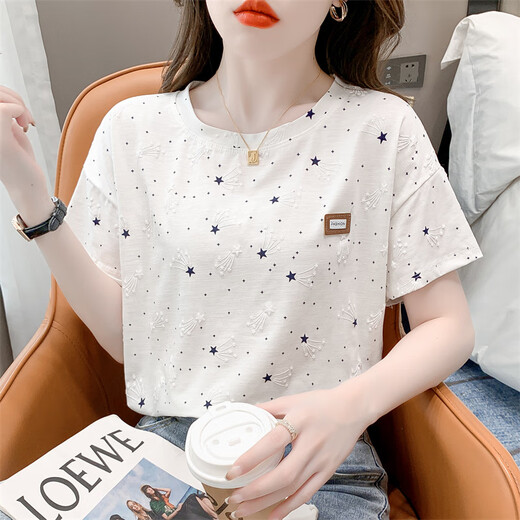 Avec Pure Yishion T-shirt imprimé en coton pur pour les femmes à manches courtes pour femmes T-shirt polyvalent T-shirt Top Tend 1396 # White S Convient pour 80-99jin [Jin est égal à 0,5 kg]