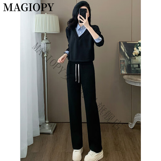 MAGIOPY国际奢侈高档品牌2025春轻职场休闲运动套装女洋气减龄黑色假两件 黑色两件套 S(100斤以内)