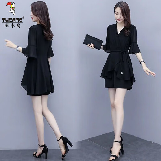 
Woodpecker Small Man Set Two-Piece Women's 2025 Summer New Style Large Size Small Fat Show High Belly High Belly Shirt Shorts [4018#] Black Set L 115Jin [Jin Equal to 0.5kg]
