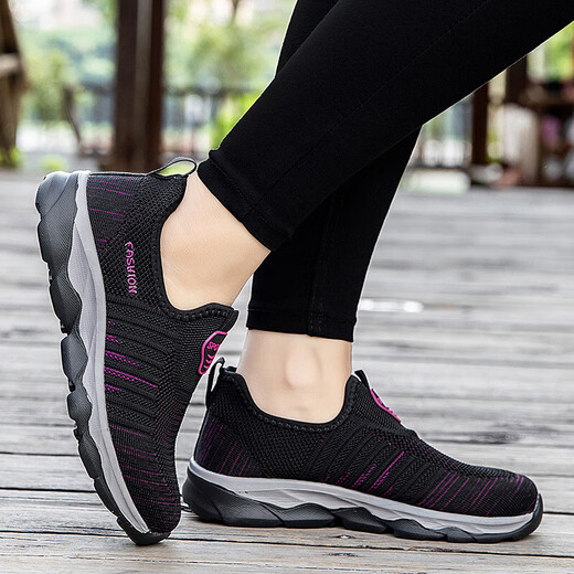 Middle-aged and elderly people's walking shoes for women breathable and comfortable non-slip elderly shoes soft and skin-friendly flying mesh travel hiking shoes XE-9928 light gray 36