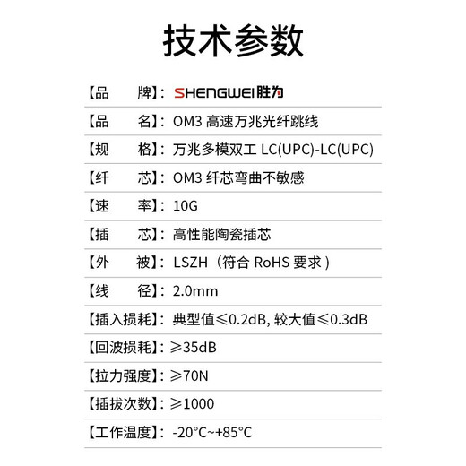 胜为（shengwei） 万兆多模光纤跳线LC OM3-300双芯尾纤Φ2.0低烟无卤LSZH抗弯曲 LC-LC多模万兆（50/125） 2米