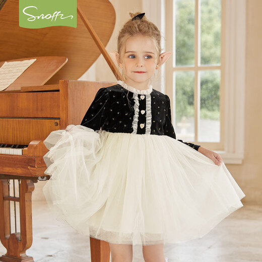 Snuffy girls dress, children's princess dress, autumn velvet gold-tone stitching mesh dress, fashionable and elegant, black 120