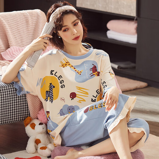 Super Fat Plus Women's 260 Jin [Jin ist gleich 0,5 kg] Heimkleidung Pyjamas Special Summer Cotton Kurzärmel 7 Minuten dunkelblau B9923 m (80-100 Jin [Jin entspricht 0,5 kg]))