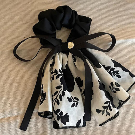 Garenbei French summer hair accessories new elegant flower ribbon bow retro large intestine hair ring high-end headwear headband for women ink hair ring white 1