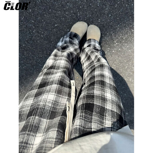 CLOR autumn and winter plaid casual pants men's American fashion brand loose retro contrast color versatile straight pants CL87 black plaid 2XL
