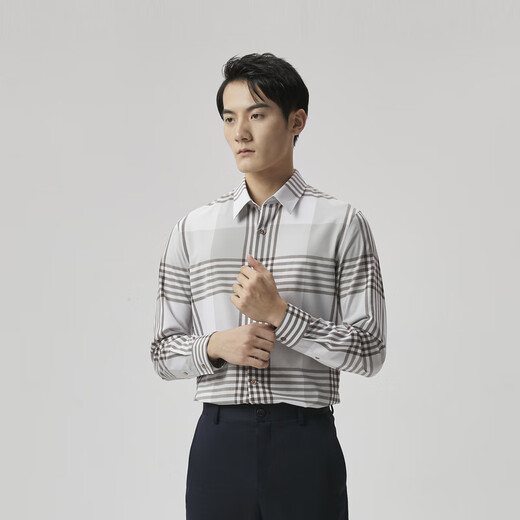 劲霸男装休闲简约格纹春秋男士长袖休闲衬衫男|BCCT1502 啡黄 M