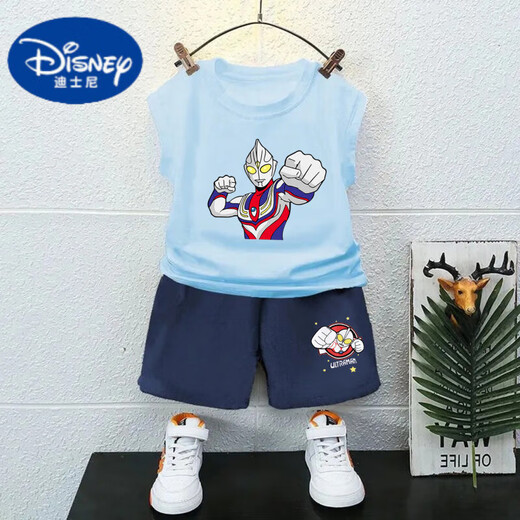 迪士尼（Disney）纯棉男童无袖背心套装夏季新款奥特曼儿童上衣宝宝夏装痞帅两件套 果绿T983+黑色T273小 150 cm 建议身高140-150CM