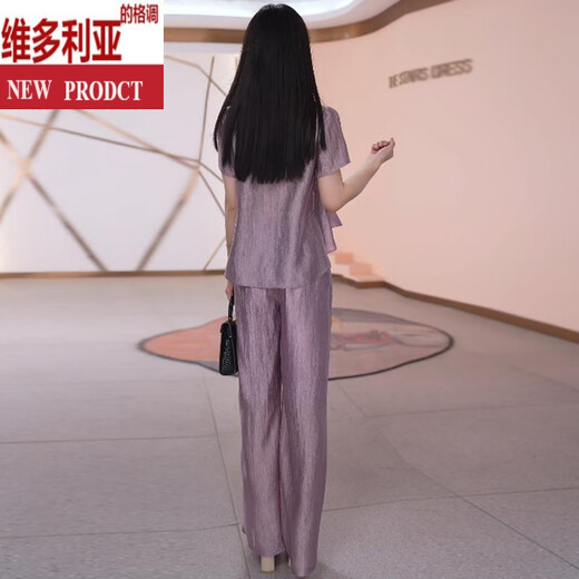 Victoria's style 2025 summer new fashion one-piece suit for women's temperament slim short-sleeved shirt wide-leg pants thin purple suit M [80-105]