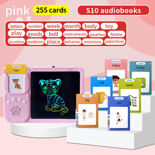 Kinderlehrerklärungsspielzeug LCD Graffiti Handschrift und Malscheibe zweisprachiger Kartenlernen Lernkompetenz Frühschulmaschine Rosa Malmaschine + alle englischen Wörter 510 Inhalt