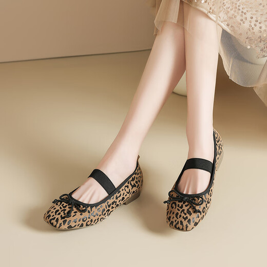 ZHR Single Shoes Damen Sommertemperament Bow weiche flache Mary Jane Lederschuhe Frauen flacher Mund Ballett Frauenschuhe AH683 Leopardendruck 39