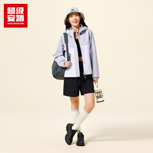 超级安踏冲锋衣女士秋季户外露营徒步防水透湿拼色连帽运动外套162536605U 紫烟色/浅薰紫-1 S /女160