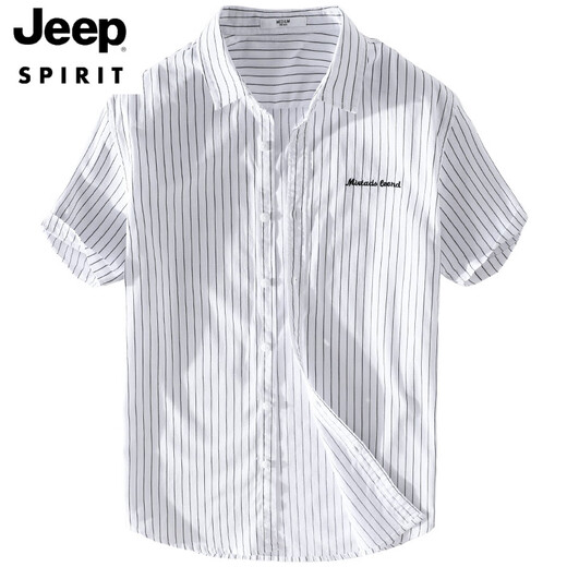 JEEP SPIRIT2025男士条纹衬衫短袖宽松夏季薄款日系休闲百搭棉衬衣夏装衣服 9721白色 M 100斤左右