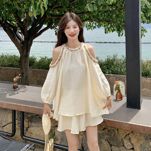 拉夏贝尔（La Chapelle）杏色巨好看的夏天套装女2025新款感气质穿搭一整套短裤两件套 杏色 XS (95斤内)