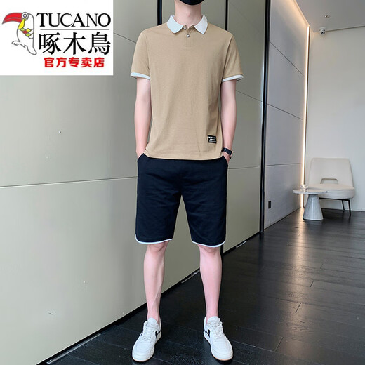 Woodpecker (Tucano) Freizeitanzug Herren Sommer kurzärmelig T-Shirt Polo-Hemd Shorts Ice Silk Trendy Marke Baumwolle hübsche vielseitige Kleidung schwarz 9863 (ein Set) 2xl