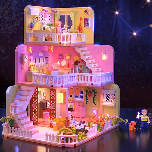 Sijie Castle Building Blocks Children 2025 New Assembled Toys Girls 8 Puzzle House 12-year-old girl elementary school student Double-layer-Wang Wang Home + 2 figures + lighting [1048