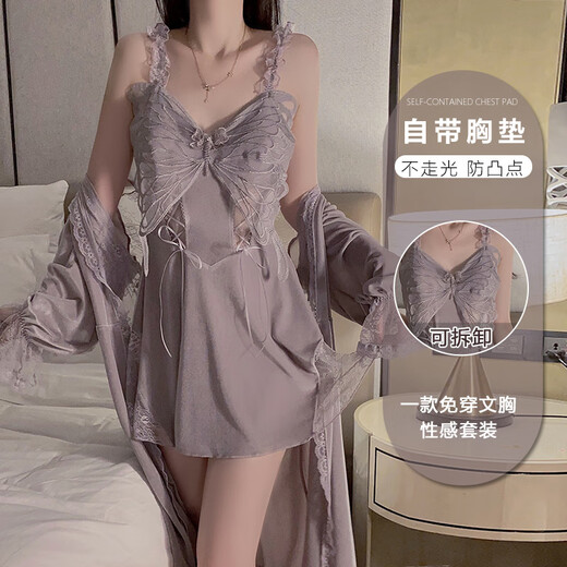 瑰若（Gui Ruo）秋冬蝴蝶睡衣丝绒大码加胸垫聚拢吊带睡裙外袍家 3879黑色（外袍+腰带 均码