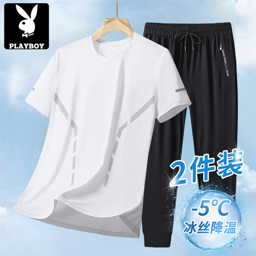 Playboy (Playboy) T-shirt de soie de glace d'été Men Hommes décontractés hommes rond coule à manches courtes pantalons recadrés Suit des hommes en vrac grande taille 903 vêtements noirs + 724 pantalons droits noirs [2 pièces] 5xl recommandée 180-210jin [Jin équivaut à 0,5 kg]