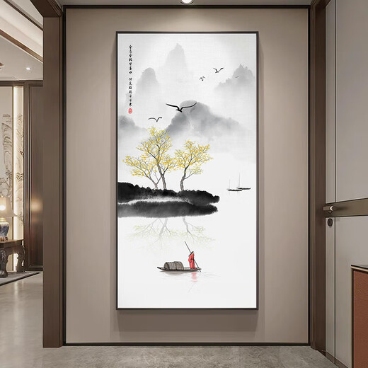 Zilang Zen decorative painting new Chinese style hanging painting entrance vertical mural hotel tea room corridor aisle wall ink landscape painting 03-autumn 70*140 wood grain yellow frame (PS frame + canvas)