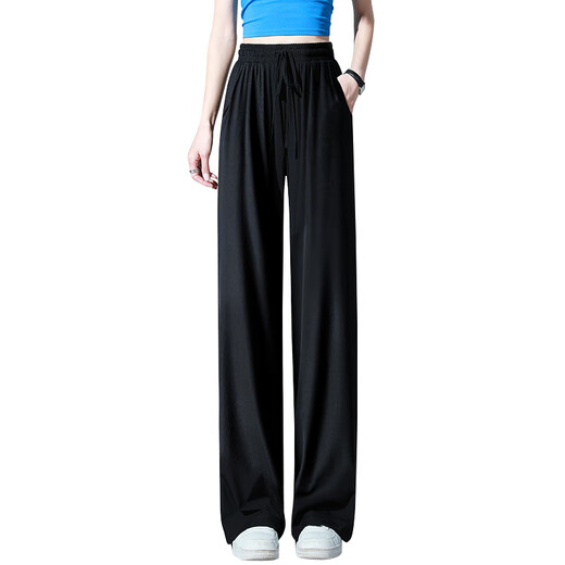 BJTSV Ice Seda Seda Pantalones de pierna ancha para mujeres en verano delgada 2025 Nuevos pantalones casuales frescos Drapeado de cintura alta Pantalones rectos Azules pequeños [. Altura sugestionada 153-15916 S