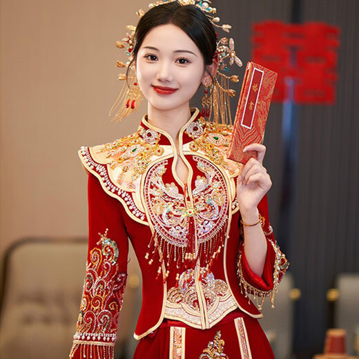 XIUHE Shijia Flaghship oficial Xiuhe ropa de boda Ropa de boda Bride 2025 NUEVA Ropa de tostada Vestido de boda Wedding Wedding Wedding Vestido chino Dragón N-323 Industria pesada Estilo de terciopelo Spot 2xl