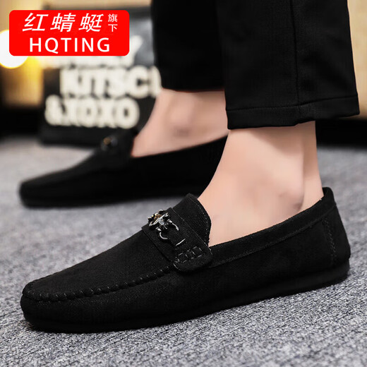 
HQTING Red Dragonfly's black 2025 leather comfortable men's one-foot Doudou Loafers leather shoes business flat sole single D881BU brown 40