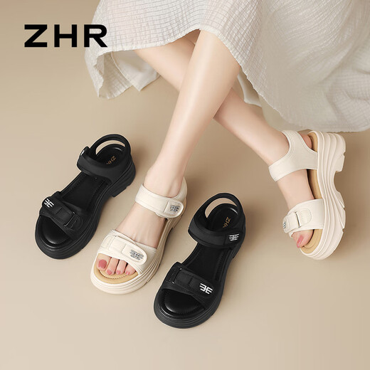 ZHR凉鞋女夏季厚底增高运动休闲鞋魔术贴一字带沙滩鞋 JF261米色38