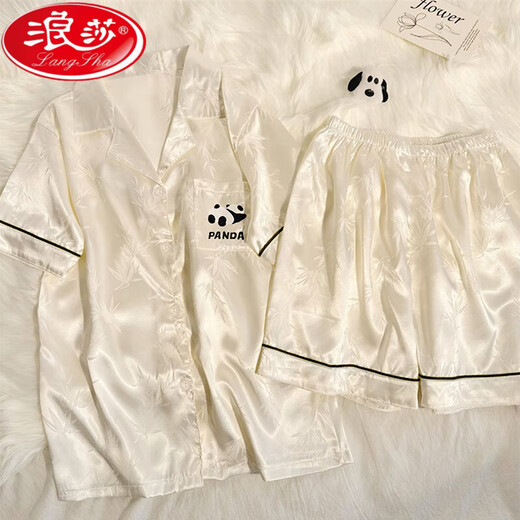 浪莎高级感熊猫冰丝睡衣女夏季薄款短袖2025年新款开衫可爱家居服套装 YX-9227波点 M [75-95斤]