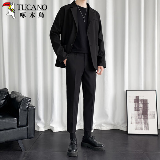 Woodpecker (TUCANO) suit men's Korean style fashion two-piece suit business casual versatile jacket comfortable trousers men's black L