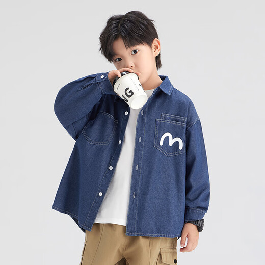 Zuoxi Boys Denim Shirt Children's Jacket Long Sleeve 2026 New Spring and Autumn Boys' Shirt Denim Color 150
