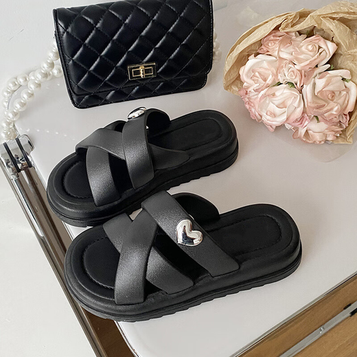 Xier sandals for women's indoor bathroom slippers 2025 new fashionable and versatile women's one-slip flops for bathroom bathing sandals Black love 38-39