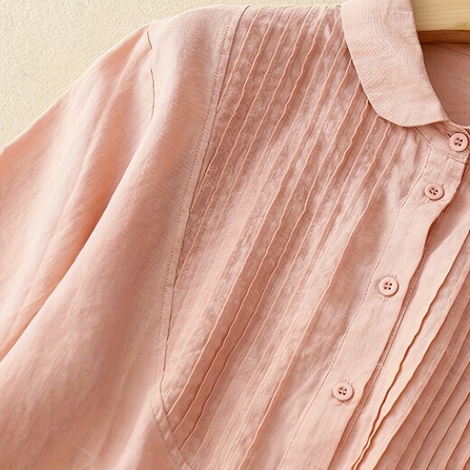 
[Original Export] Retro accordion pleated cotton linen shirt for women in summer fashionable age-reducing shirt casual literary top Pink S suitable for 80-95 Jin [Jin equals 0.5 kg]