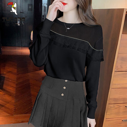 
Woodpecker 2025 autumn and winter new fashion mesh spliced ruffle knitted base shirt fashionable women's sweater top white S