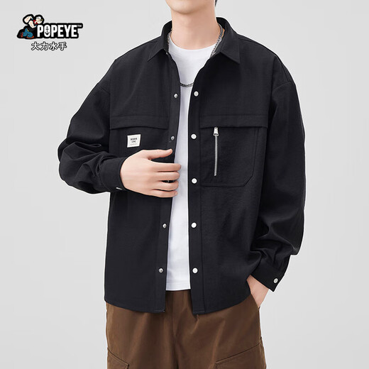 Popeye Japanese long-sleeved work shirt men's spring autumn loose casual versatile shirt jacket DC03 black M