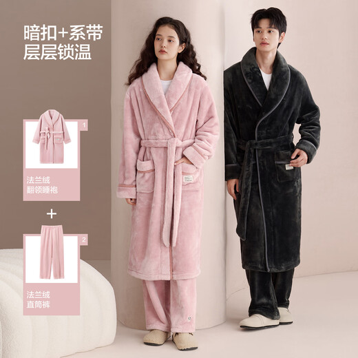 Hodo couple antistatic nightgown for women, coral velvet long pajamas, pajamas, thickened flannel warm home wear bathrobe for men, men's moon rock gray XL (175) men