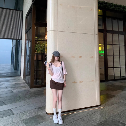 PMWRUN实拍 U领短袖T恤女挂脖抹胸宽松垂感阔腿针织长裤时尚两件套84173 咖色背心9898 S