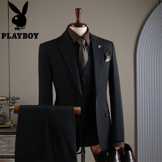 Playboy 2025 winter new suit suit men's high-end business formal striped suit three-piece groom's wedding dress elegant black three-piece suit 2XL 54