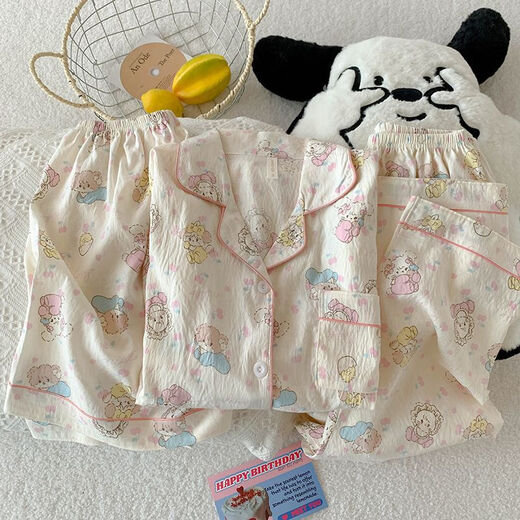 UKUHPK Summer Pyjamas Frauen Wolken Baumwolle 120g Lapel Cardigan Kurzarm Shorts Hosen dreiköpfige Set niedliche Heimkleidung 9901# Pink Border Mike M.