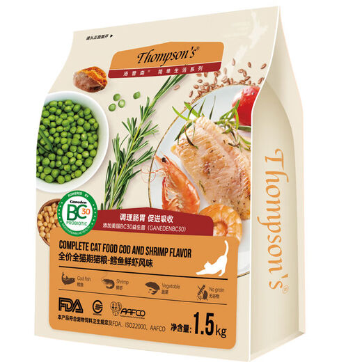 Thompson's all-stage cat food cod, shrimp, adult cats and kittens, fungus, chicken, fish, grain-free food, probiotic cat food 1.5kg