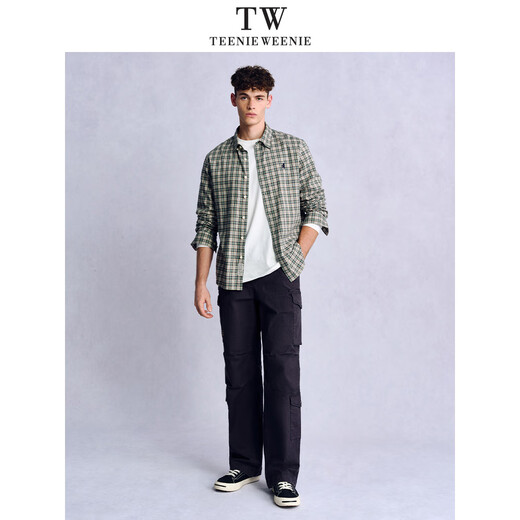 Teenie Weenie小熊男装美式休闲舒适柔软格子长袖衬衫 军绿 L