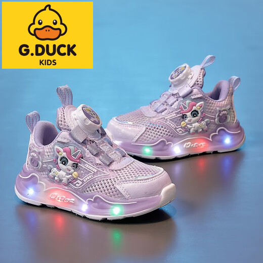 G.DuckKids Petites chaussures de sport de filles de canard jaune 2025 Nouveau printemps et été décontracté polyvalent Luminous Sports Pony Lily Mesh Chaussures B689 Purple double filet 30 longueur intérieure d'environ 18,4 cm