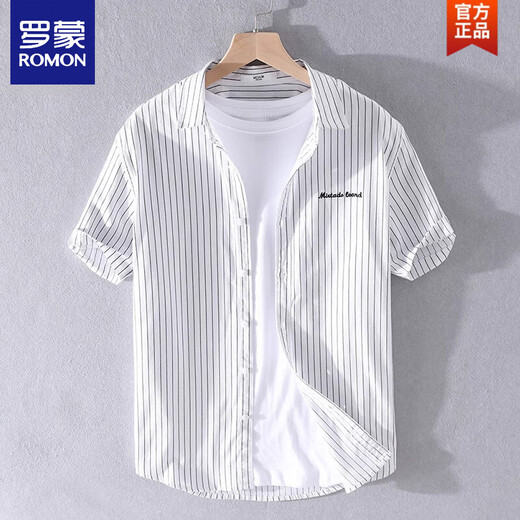 ROMON men's striped shirt short-sleeved loose summer thin Japanese casual all-match cotton shirt summer clothes 9740 white XL 130Jin Jin is equal to about 0.5 kg