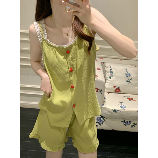 莫代尔云朵棉睡衣女款夏季带胸垫性感吊带套装时尚女士家居服可外穿 9226绿 M (80-100斤)