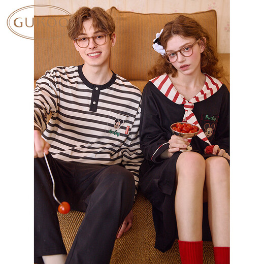 Gukoo Couple Pajamas Spring and Autumn Women's New Nightgown Disney Cotton Men's Home Clothes Set Can Be Weared Outside C Black Couple Home Clothes S Women