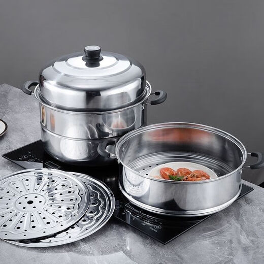Thickened steamer stainless steel soup pot household two-layer three-layer multi-layer steamer hot pot induction cooker open flame universal pot silver 2 layers 26cm