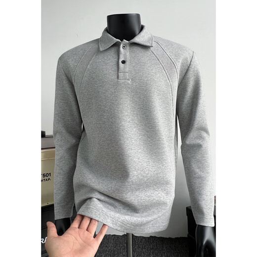 Muwei American heavyweight right shoulder long-sleeved polo shirt for men in autumn new high-end Henry collar versatile and strong casual top light gray XL recommended 130-150Jin Jin equals 0.5 kg