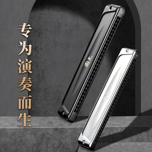 Guoguang 28-hole Guozhimeng performance-grade polyphonic harmonica in C (silver, embedded, glasses case)