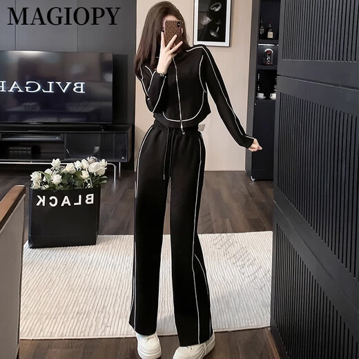 MAGIOPY international luxury high-end brand European station casual sports suit for women 2025 spring cool style black short style black two-piece set S (100 Jin Jin is equal to within 0.5 kg)